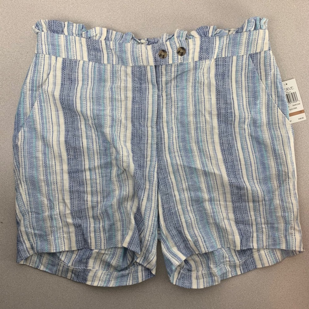 Verve Blues Striped Shorts Womens 12 Blue Linen Blend Paperbag Waist 342P2320
